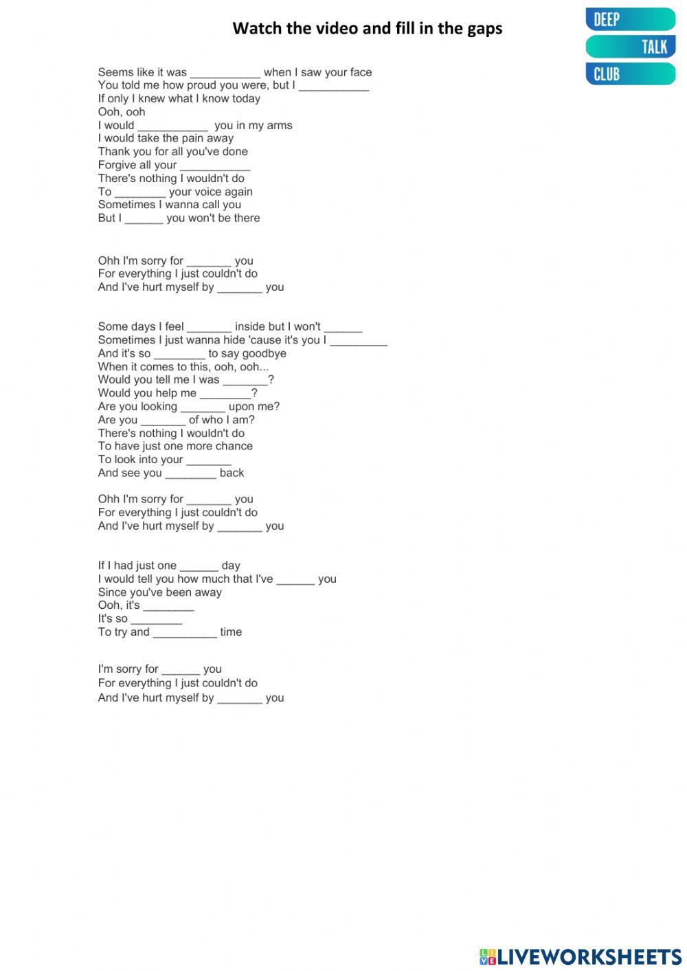 Hurt by Christina Aguilera worksheet | Live Worksheets