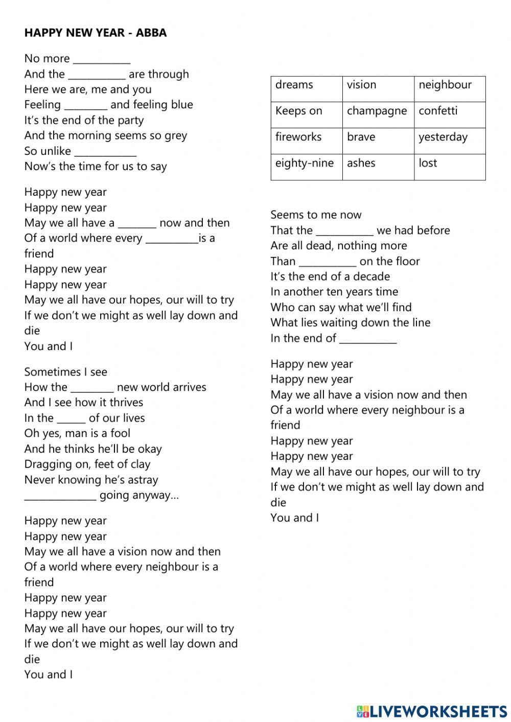 HAPPY NEW YEAR - ABBA online exercise for | Live Worksheets