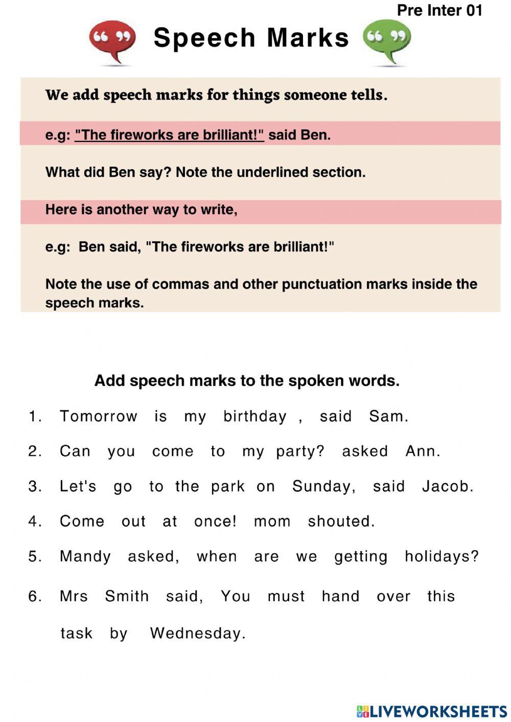 adding in speech marks worksheet