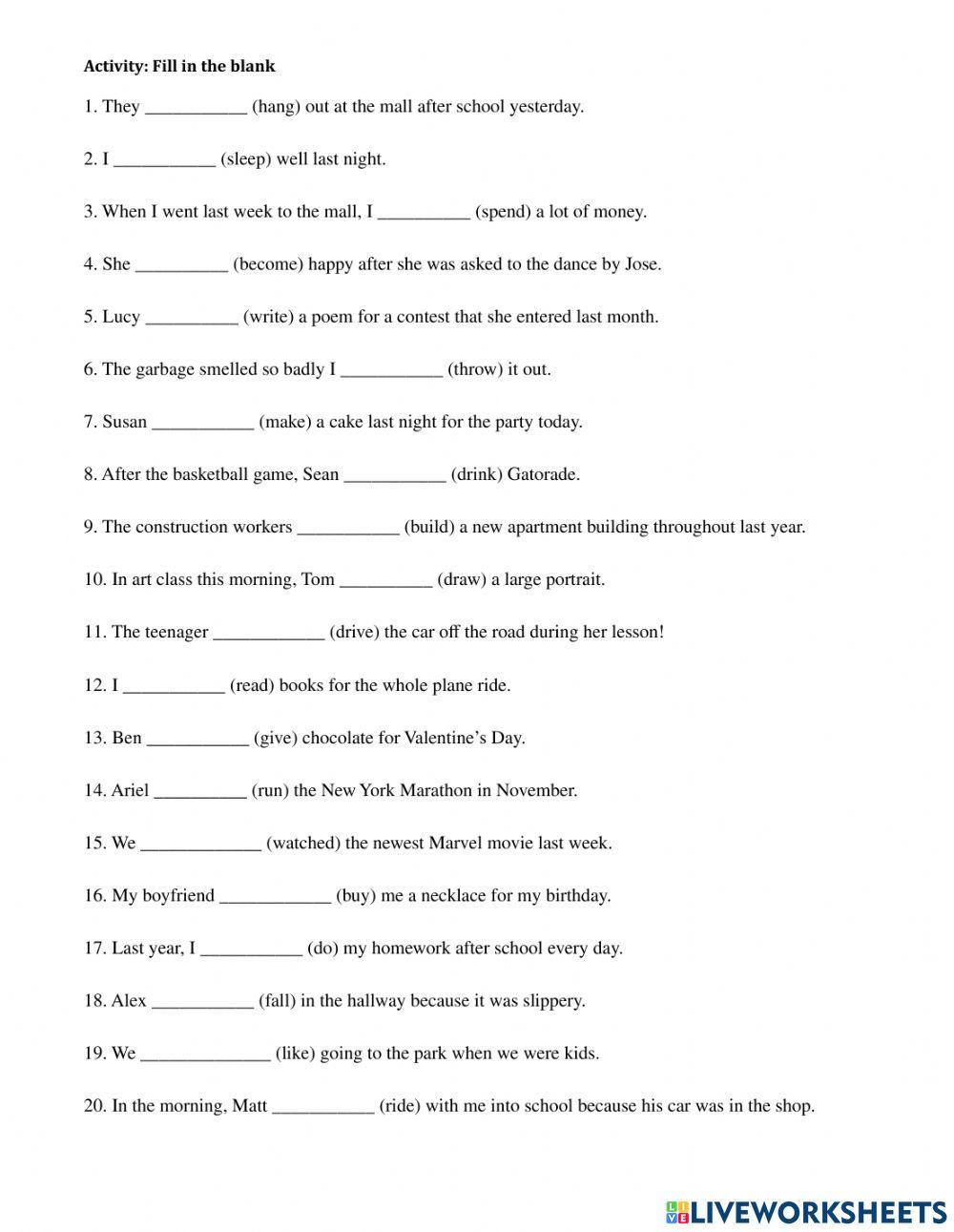 Past tense practice online exercise | Live Worksheets