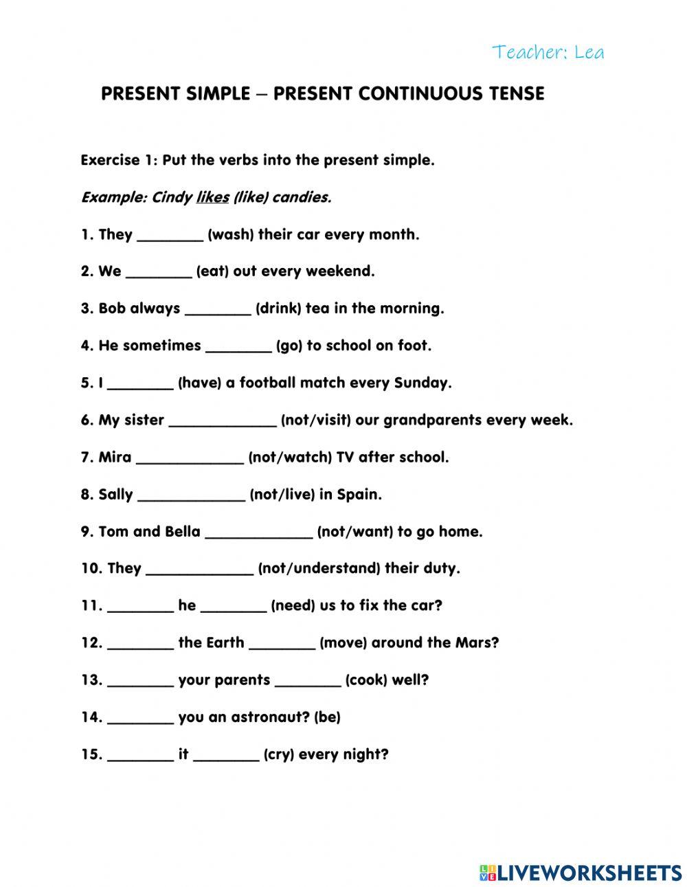 Pdf online exercise: Present simple - present continuous | Live Worksheets