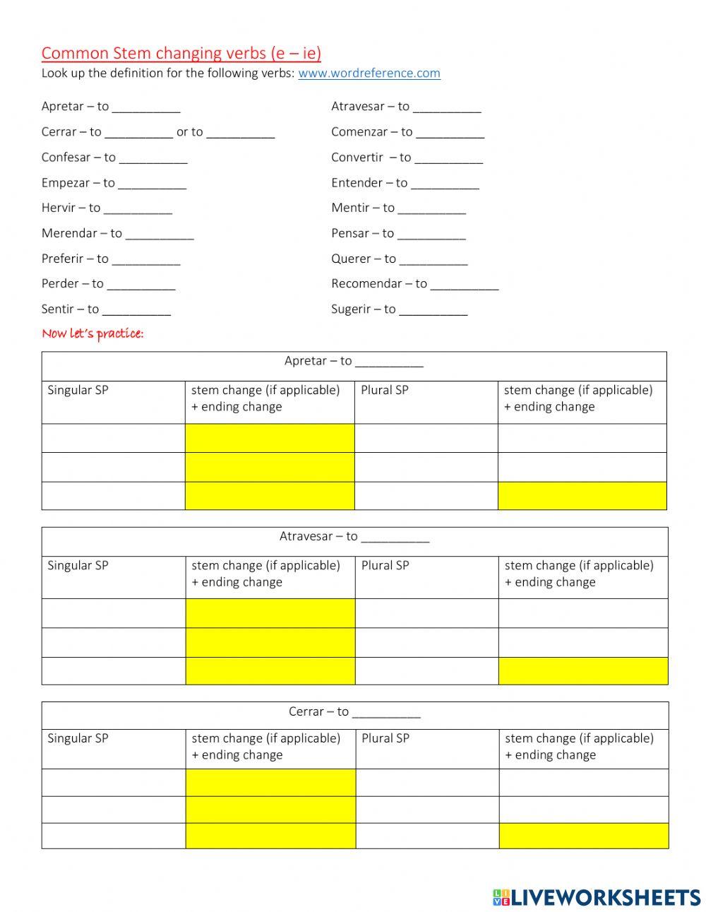 Spanish: Regular Stem Changing Verbs - E to IE