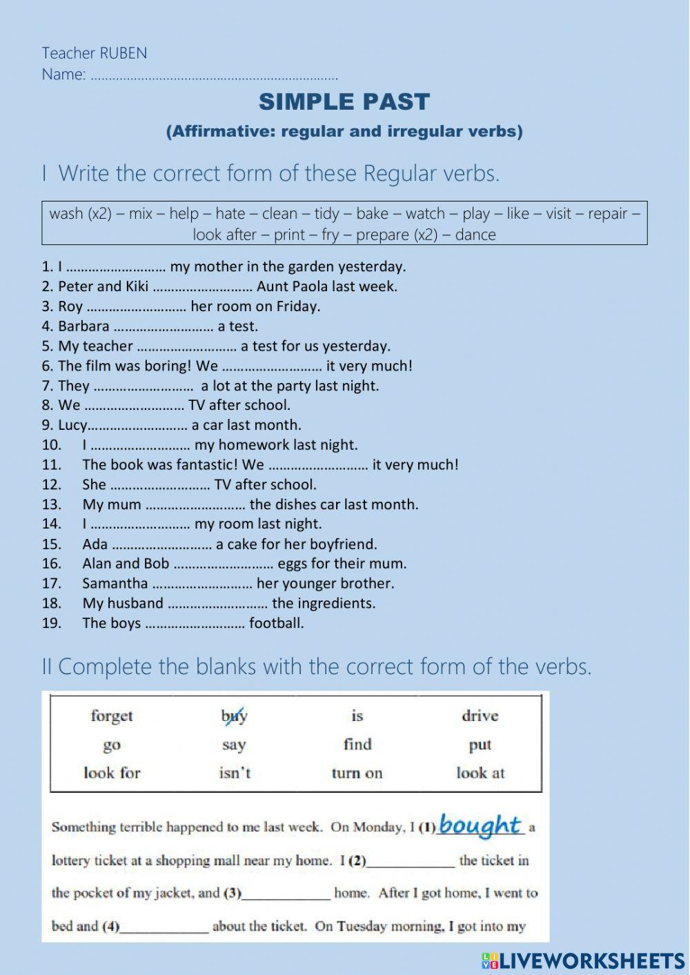 Simple past of regular and irregular verbs worksheet | Live Worksheets