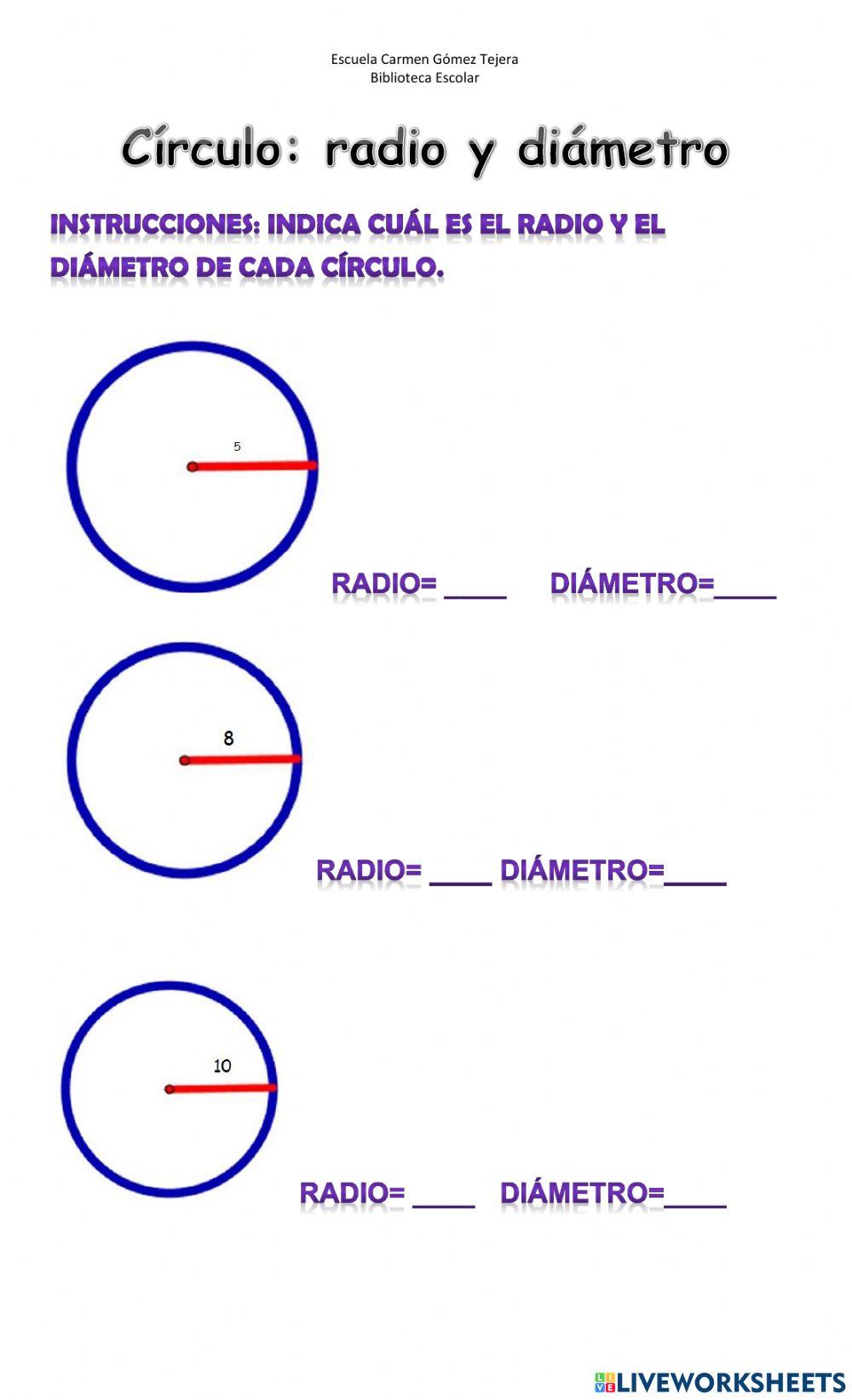 Radio y diámetro de un círculo worksheet | Live Worksheets