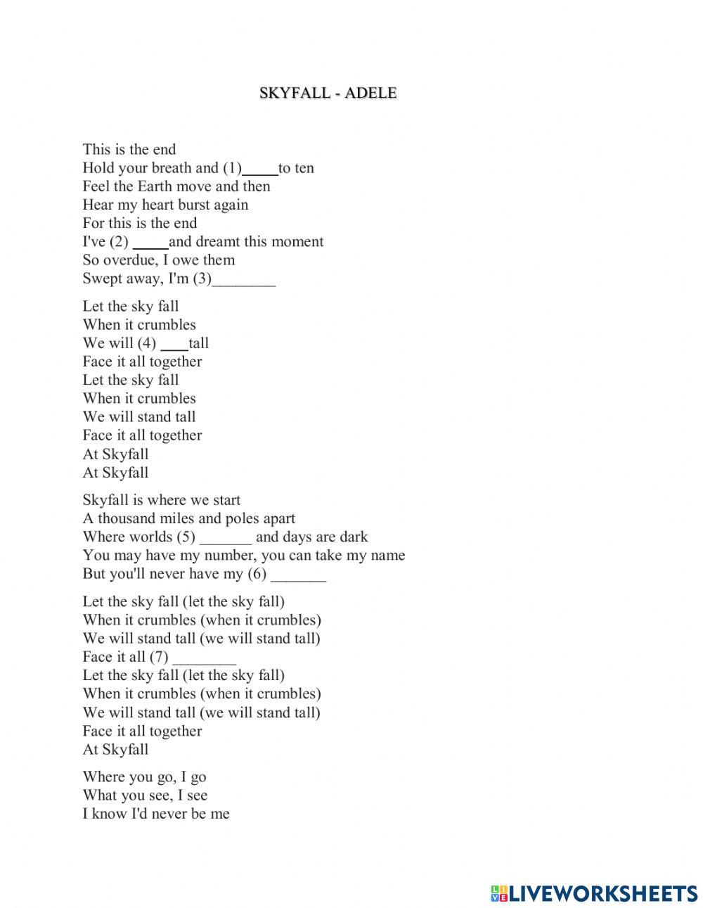Adele skyfall lyrics worksheet | Live Worksheets