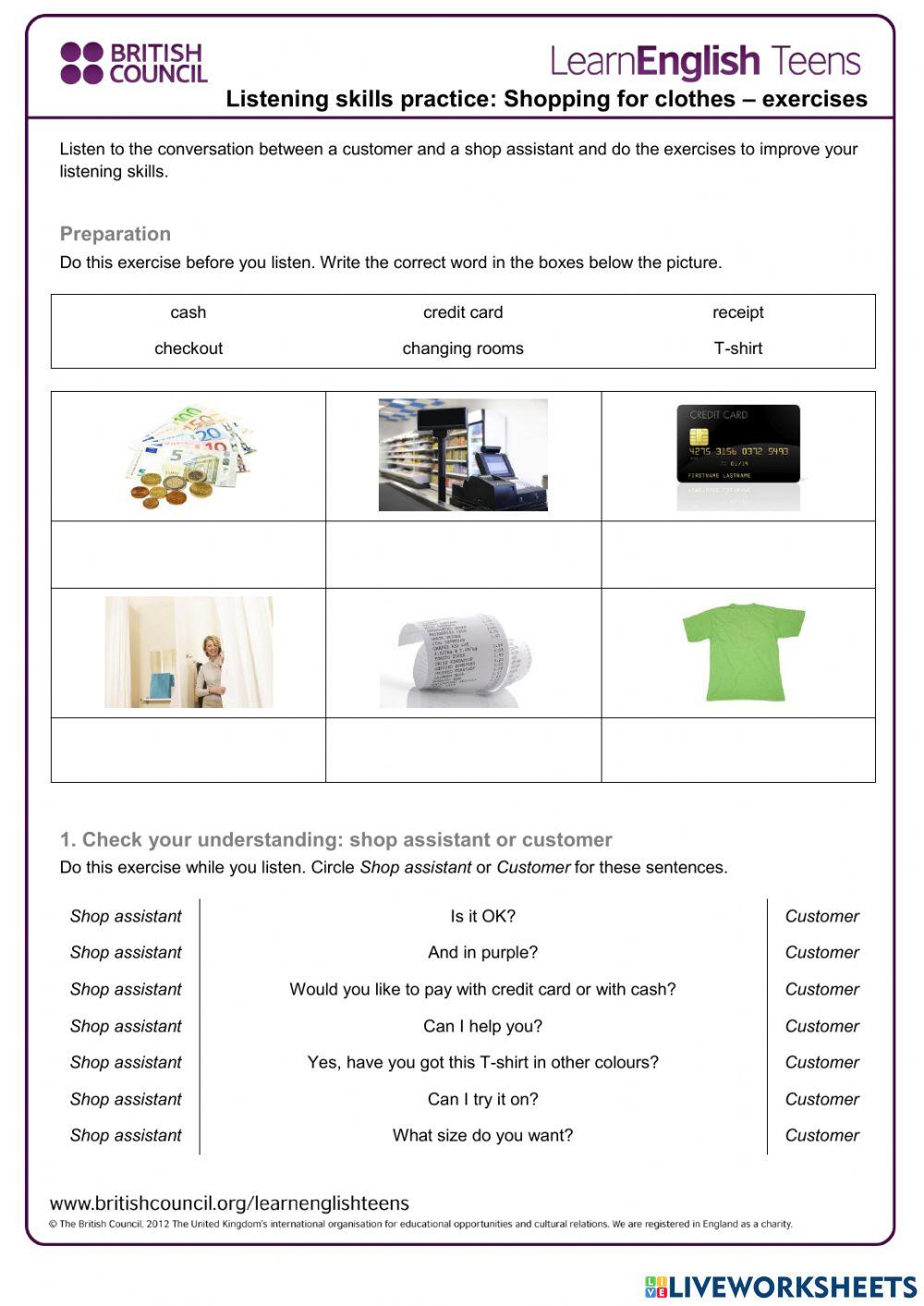 British council A2 listening shopping for clothes worksheet | Live  Worksheets