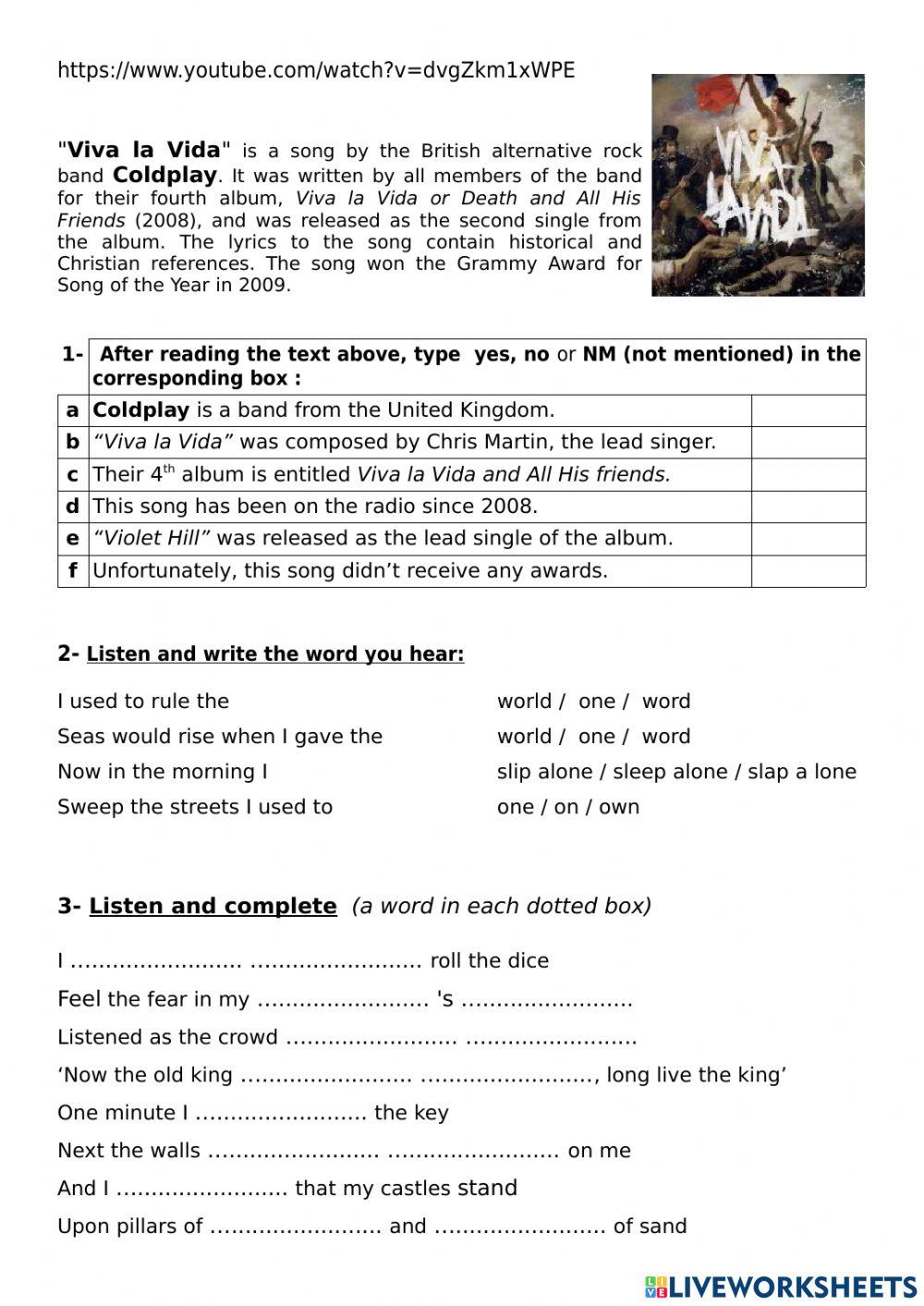 Song: Earned it interactive worksheet