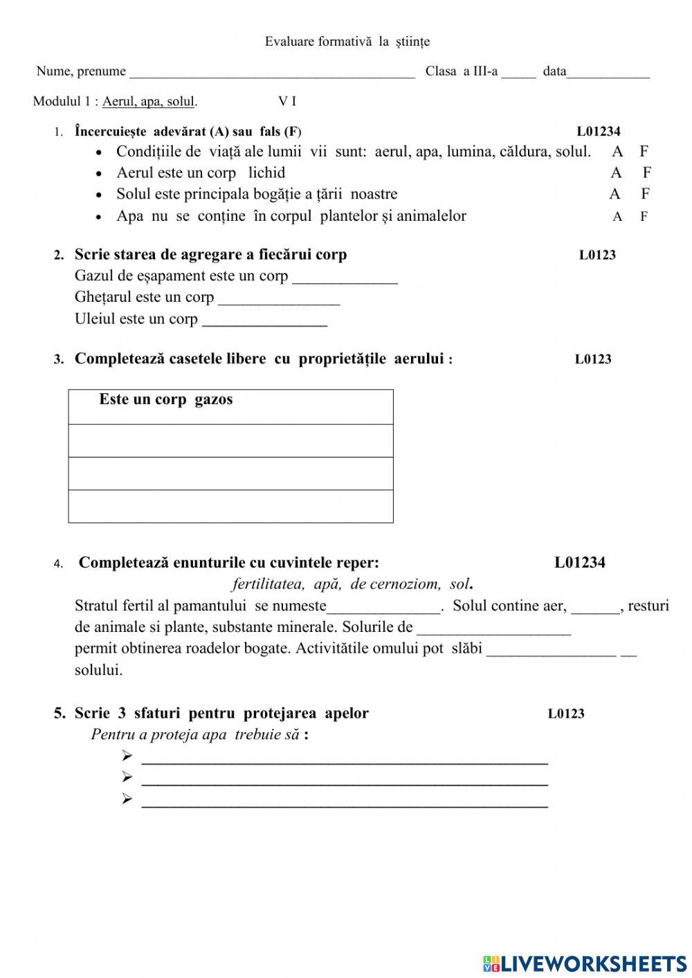 Evaluare formativa interactive activity for clasa a3-a | Live Worksheets