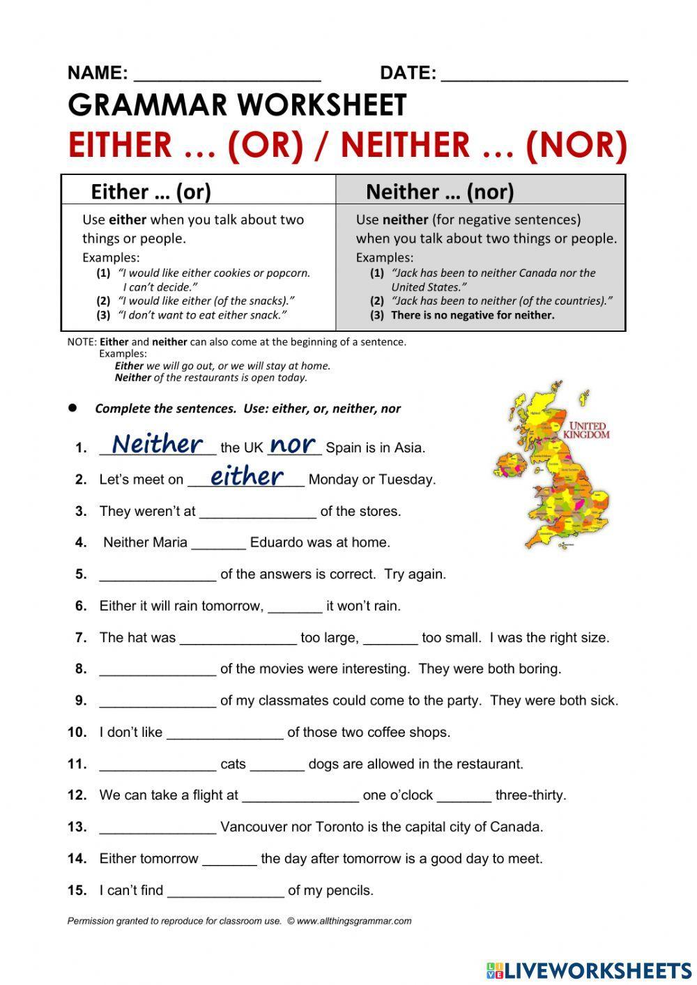 EITHER..(or)-NEITHER...(nor) online exercise for | Live Worksheets